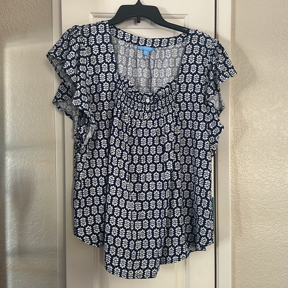 Draper James Navy & White Square Neck Flutter Sleeve Top - Picture 2 of 7